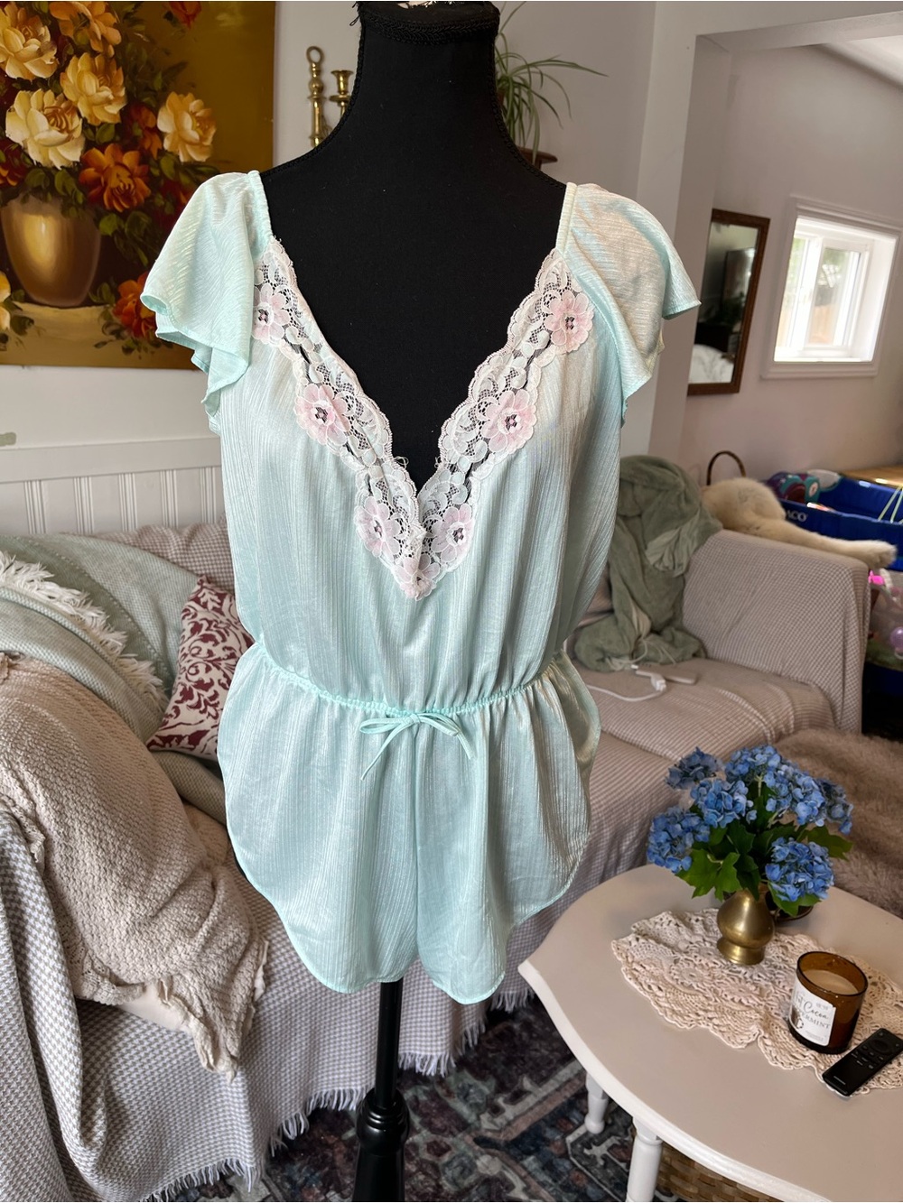 Women’s Vintage Mint Lace-Trim Bodysuit Onepiece Lingerie Size M/L